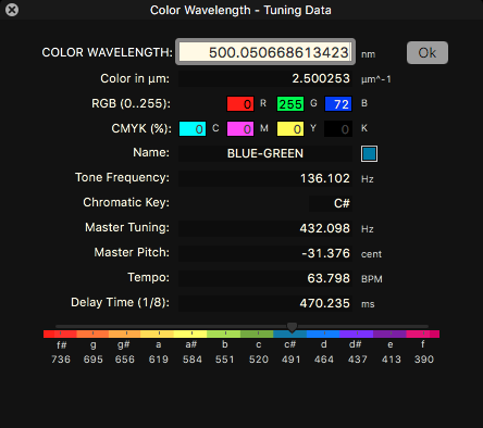 Icosmo Complete - color tab Icosmo Complete - color wavelength to tuning data converter (Example calculation with color wavelength = 500.050668613423 nm)