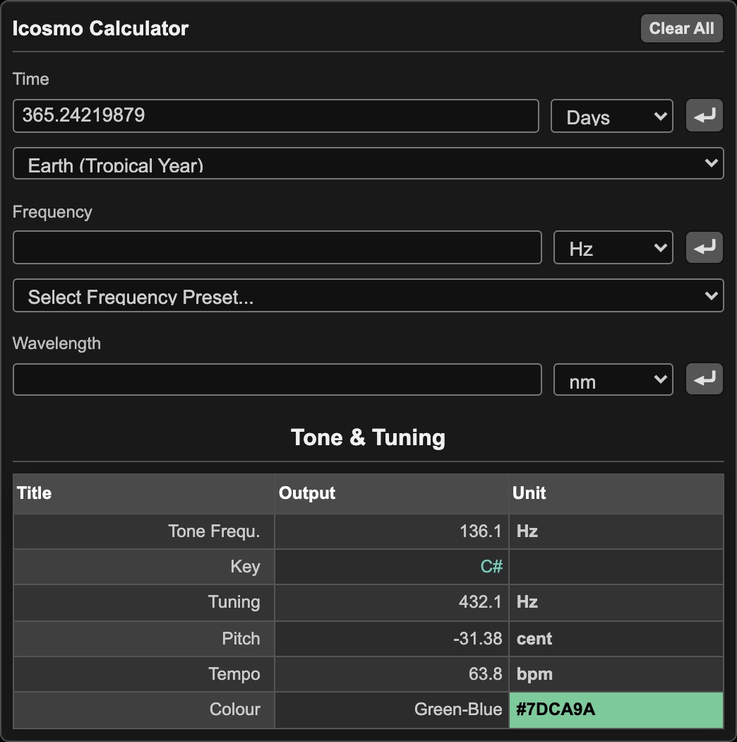 Icosmo Cymatics: the Icosmo Calculator with the Earth year