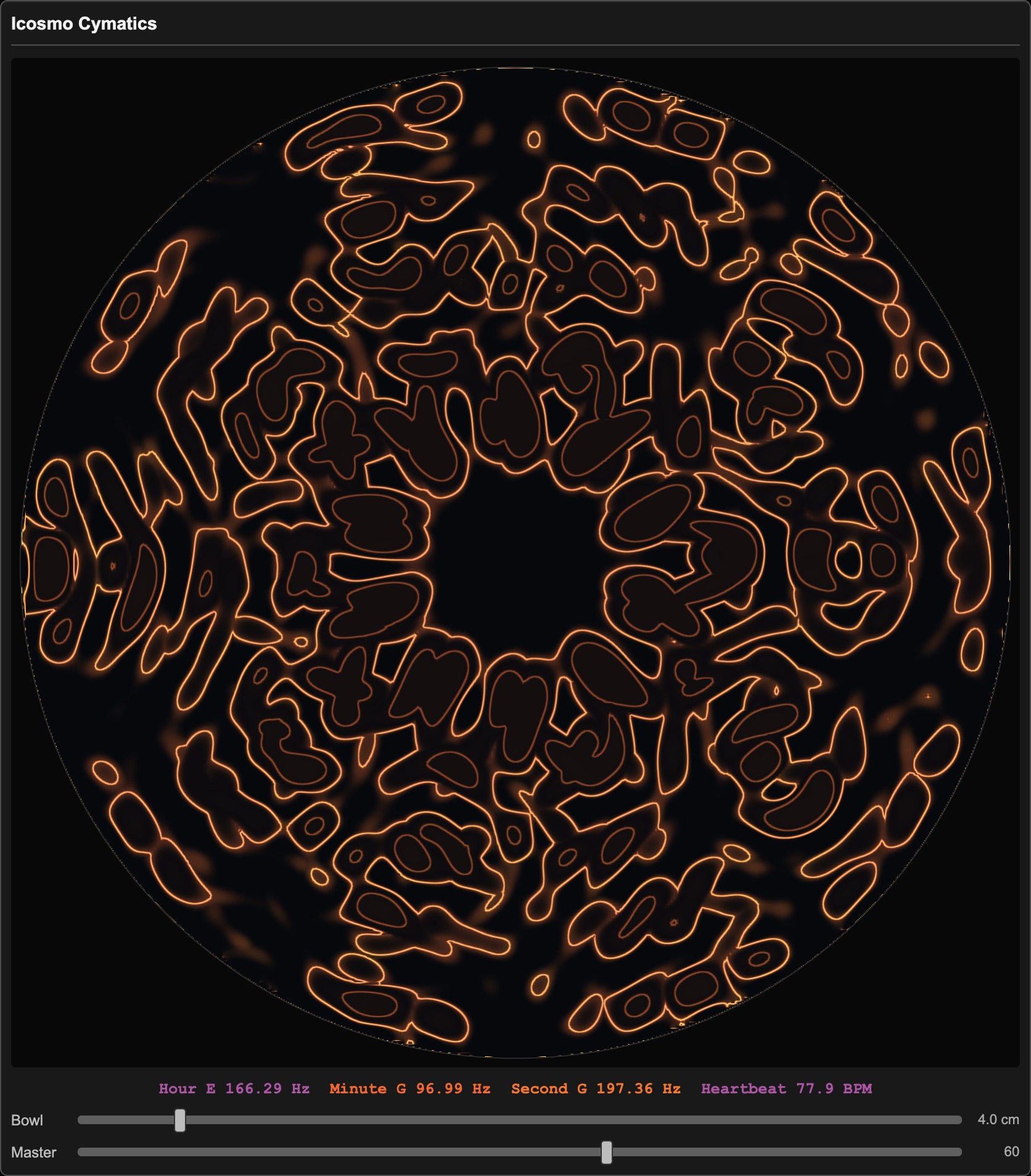 Icosmo Cymatics: hour, minute, second and heartbeat mixed in the water bowl