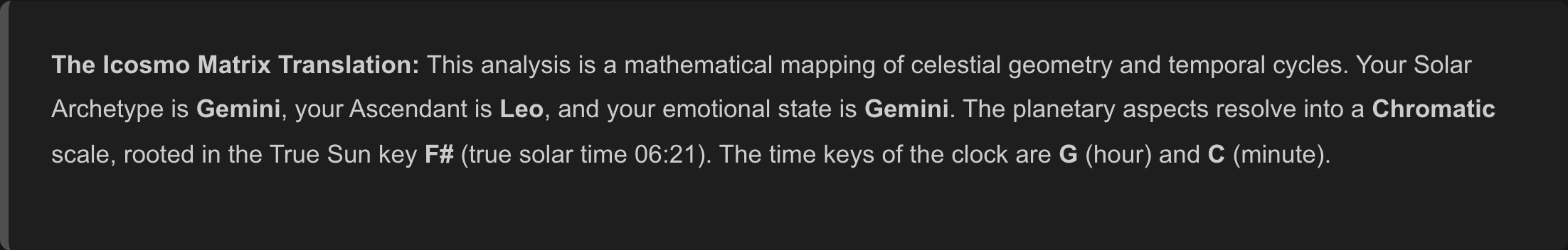 Icosmo Astro Music: the Icosmo Matrix Translation with the True Sun key and the time keys