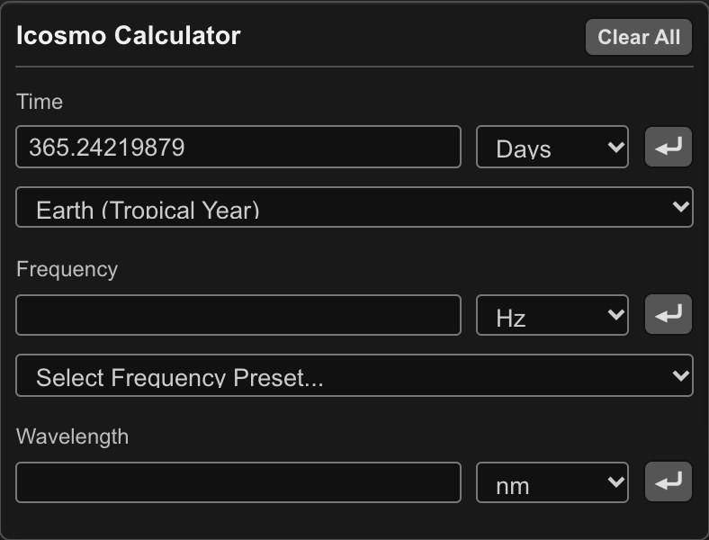 Cosmic Octave Calculator: the input panel with time, frequency and wavelength