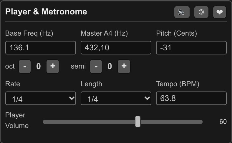 Cosmic Octave Calculator: player and metronome with base frequency, master tuning, pitch, rate, length and tempo