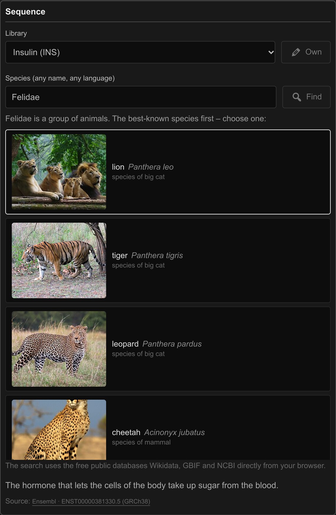 Icosmo Helix: species search, the best-known cats first