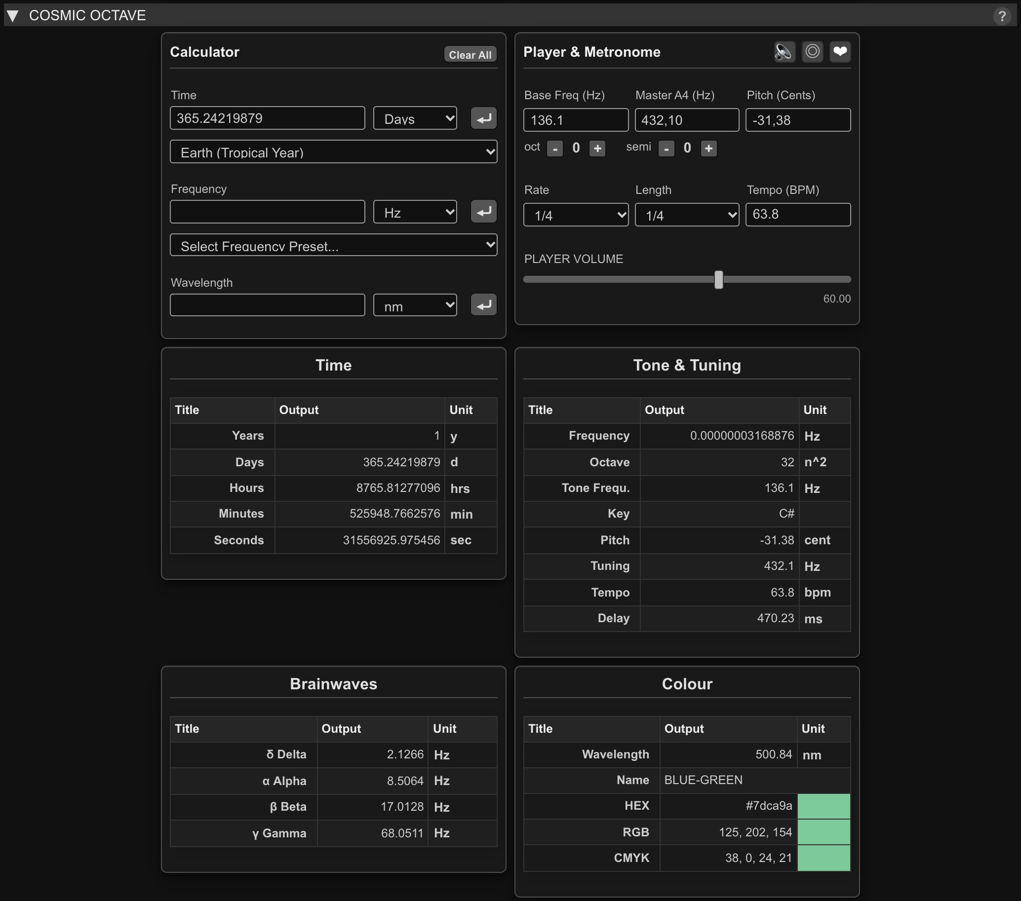 Icosmo Matrix Synth: the Cosmic Octave row with the calculator, the player and the result panels for the Earth year
