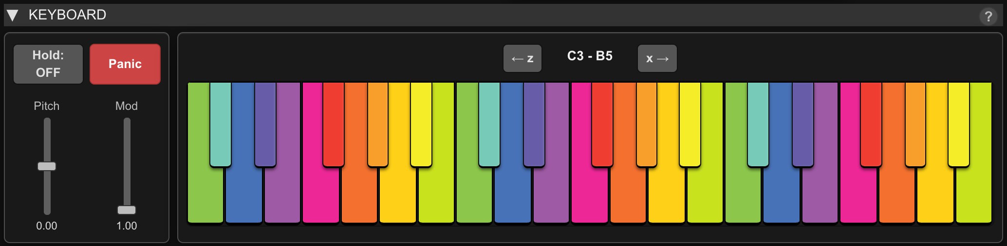 Icosmo Matrix Synth: the keyboard in the twelve Matrix colours with pitch and modulation wheels