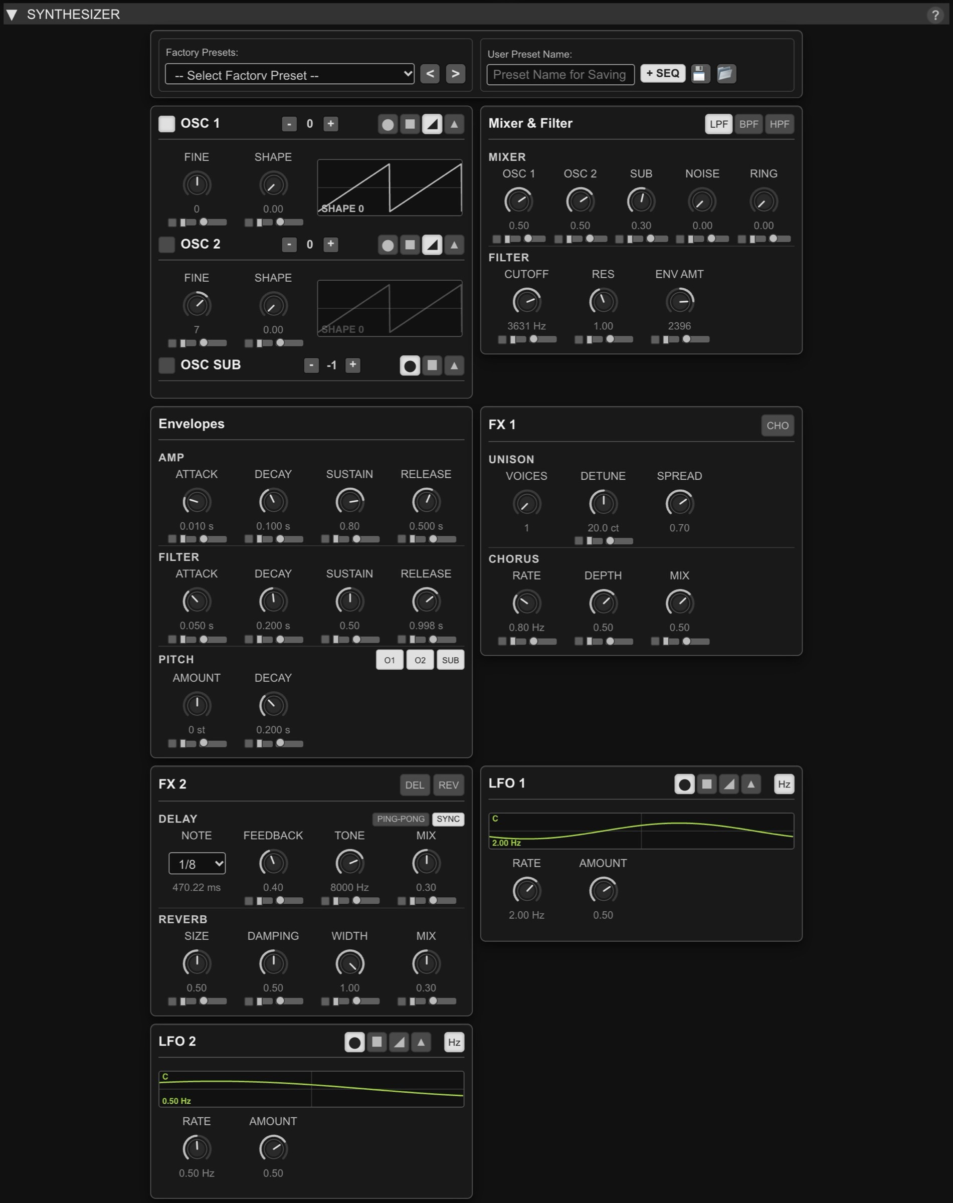 Icosmo Matrix Synth: the synthesizer with oscillators, mixer and filter, envelopes, effects and LFOs