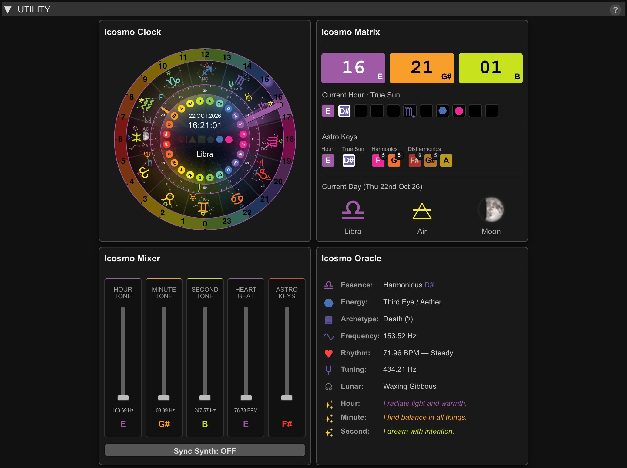 Icosmo Matrix Synth: the Utility row with the Icosmo Clock, the Icosmo Matrix, the Icosmo Mixer and the Icosmo Oracle
