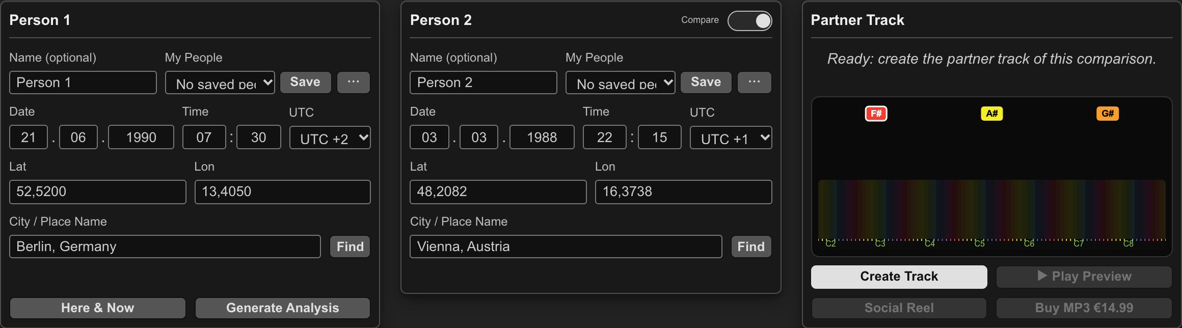 Icosmo Oracle: the birth data of Person 1 and Person 2 and the Partner Track