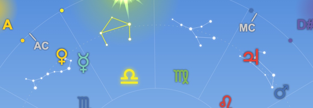Icosmo Sky Clock: the signs Libra, Virgo and Leo with their star figures, Venus, Mercury, Jupiter and Mars, the Ascendant and the Midheaven