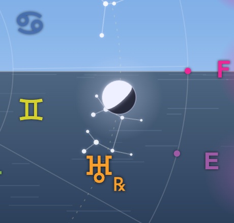 Icosmo Sky Clock: the Moon in Gemini with its lit side turned towards the Sun