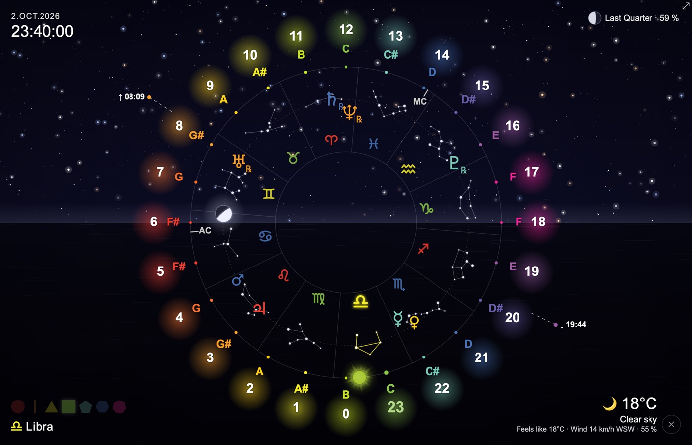 Icosmo Sky Clock: the starry night sky at 23:40 above the dark sea