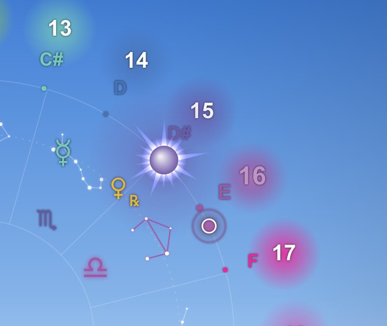 Icosmo Sky Clock: the Sun at the true solar time between 15 and 16, the clock time at 16:18 marked on the hour circle