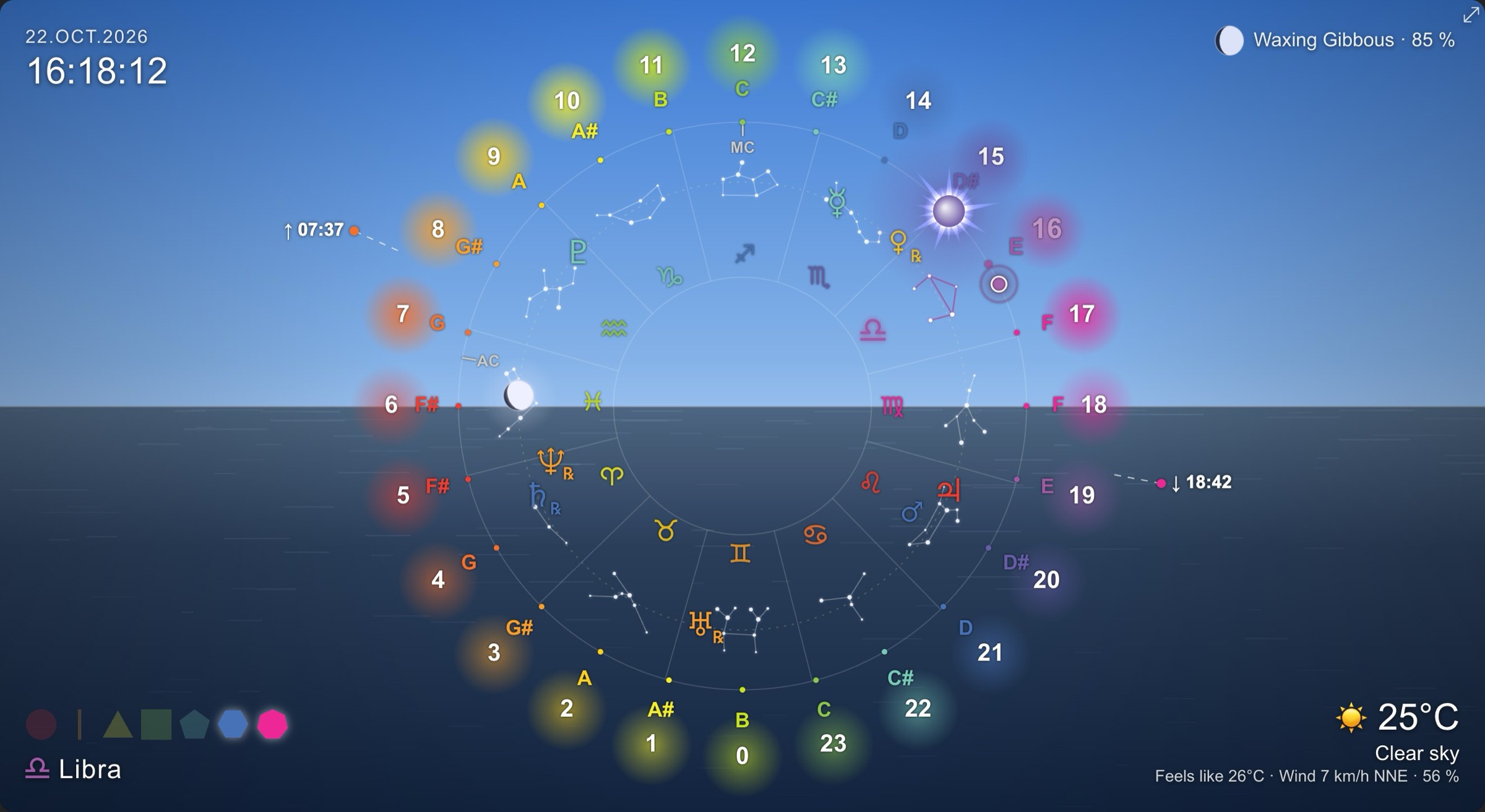 Icosmo Sky Clock in Chania, Crete, at 16:18 clock time: the Sun at the true solar time of about 15:10, the Midheaven at the top, clear sky